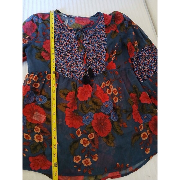 Daniel Rainn XS Boho Floral Tunic Blouse Tie Neck Long Sleeve - Picture 8 of 15